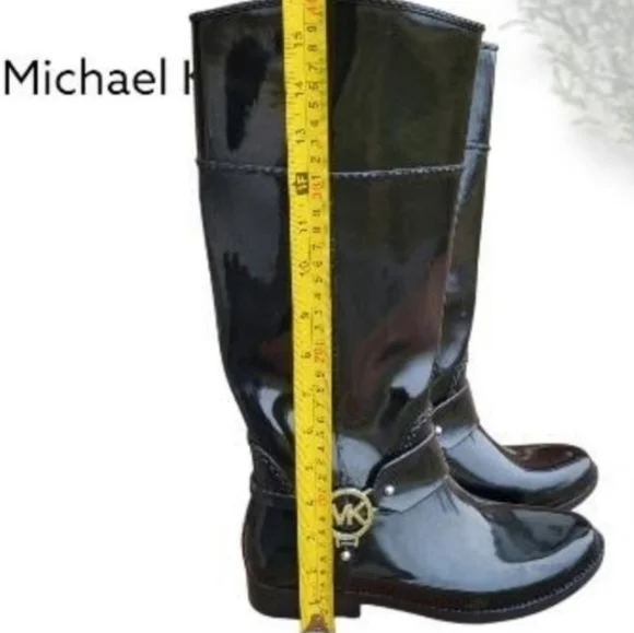 Michael Kors Fulton Tall Riding Harness Boot Black Gloss MK Logo Rain Women 8 - Picture 10 of 11